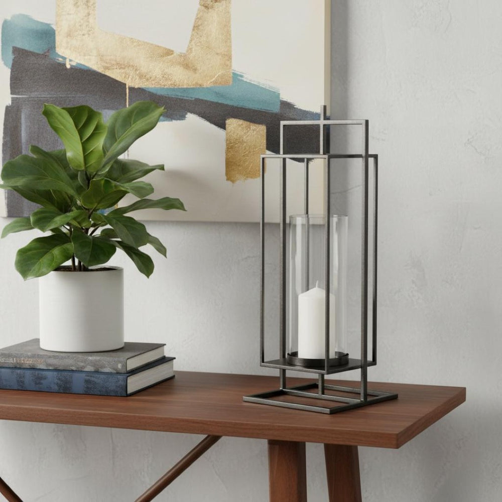 HomeRoots 24" Black Geometric Metal Tabletop Lantern - Stylish Candle Holder for Modern Décor & Events 608401
