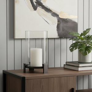 HomeRoots 14" Black Metal Abstract Hurricane Candle Holder - Handmade Centerpiece for Modern Home Decor & Events 608418