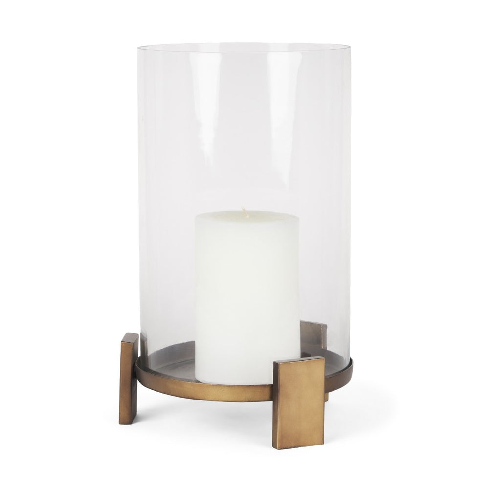 HomeRoots 14" Antiqued Gold Geometric Hurricane Candle Holder - Elegant Tabletop Accent for Weddings & Events 608420