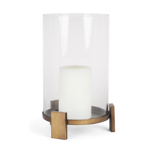 HomeRoots 14" Antiqued Gold Geometric Hurricane Candle Holder - Elegant Tabletop Accent for Weddings & Events 608420