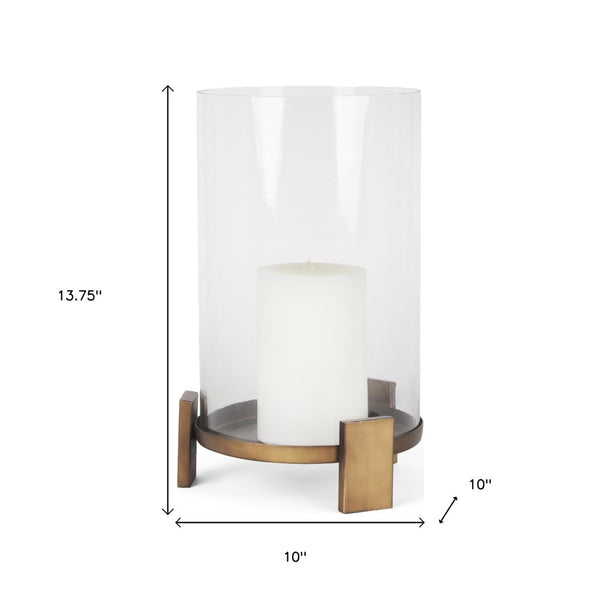 HomeRoots 14" Antiqued Gold Geometric Hurricane Candle Holder - Elegant Tabletop Accent for Weddings & Events 608420