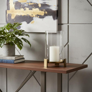 HomeRoots 14" Antiqued Gold Geometric Hurricane Candle Holder - Elegant Tabletop Accent for Weddings & Events 608420