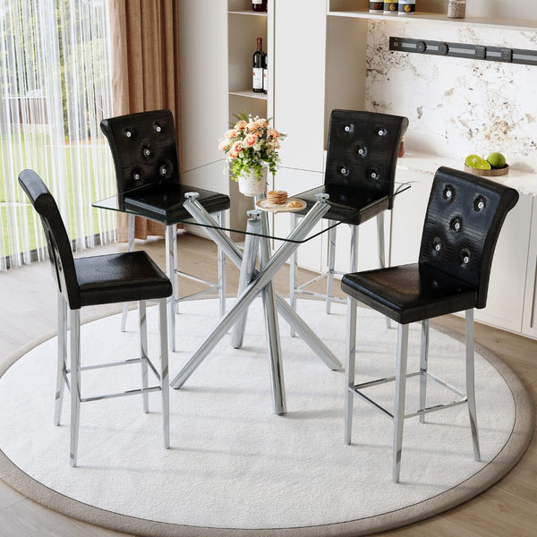 English Elm Modern Tempered Glass Pub Table Set Chrome X-base Stools for Kitchen or Home Bar W3875S00035