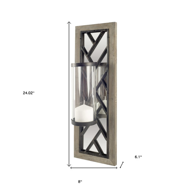 HomeRoots 24" Rustic Black Distressed Wall Sconce Candle Holder with Mirrored Back for Elegant Home Décor 608437
