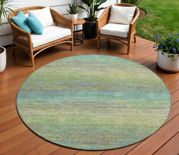 HomeRoots 5' Artichoke Green Striped Area Rug - Durable, Washable, Indoor/Outdoor Design for Stylish Living Spaces 8' Round 608451