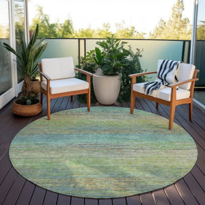 HomeRoots 5' Artichoke Green Striped Area Rug - Durable, Washable, Indoor/Outdoor Design for Stylish Living Spaces 8' Round 608451