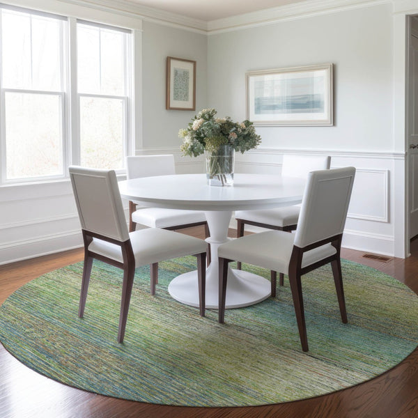 HomeRoots 5' Artichoke Green Striped Area Rug - Durable, Washable, Indoor/Outdoor Design for Stylish Living Spaces 8' Round 608451