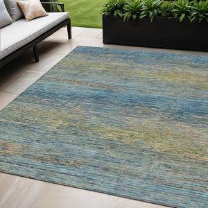 HomeRoots 5' Durable Denim Blue Striped Area Rug - Washable, Stain-Resistant for Indoor and Outdoor Living Spaces 5' X 8' 608468