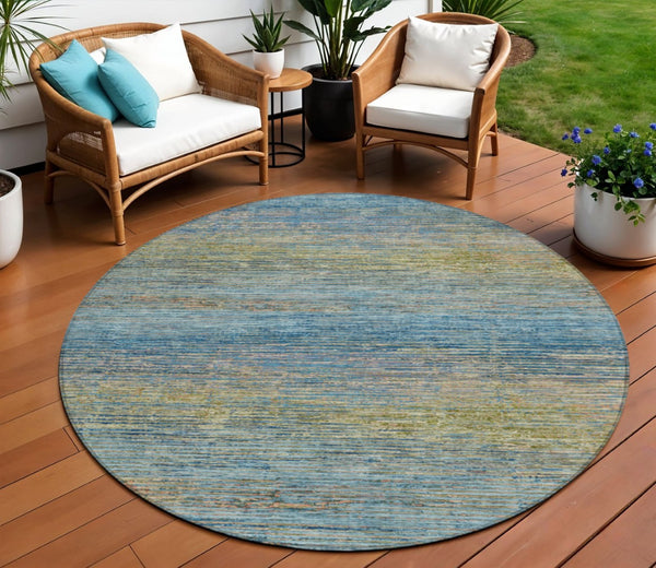 HomeRoots 5' Durable Denim Blue Striped Area Rug - Washable, Stain-Resistant for Indoor and Outdoor Living Spaces 8' Round 608469
