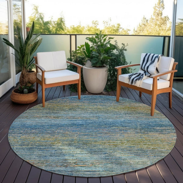 HomeRoots 5' Durable Denim Blue Striped Area Rug - Washable, Stain-Resistant for Indoor and Outdoor Living Spaces 8' Round 608469