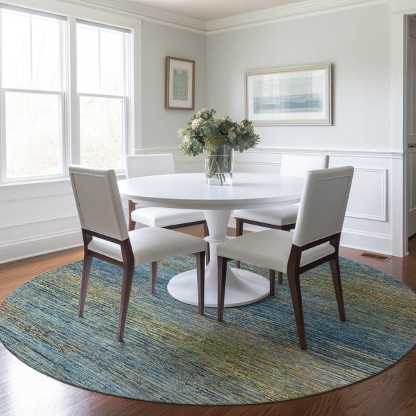 HomeRoots 5' Durable Denim Blue Striped Area Rug - Washable, Stain-Resistant for Indoor and Outdoor Living Spaces 8' Round 608469