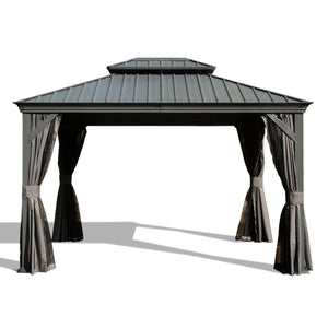 English Elm 12' Hardtop Gazebo with Built-In Drainage, Dual-Layer Galvanized Roof, Curtains & Mosquito Mesh Protection Gray W1859S00141