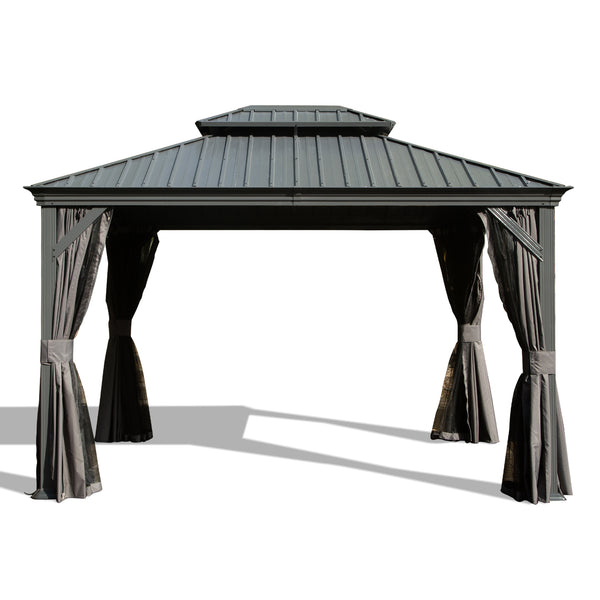 English Elm 12' Hardtop Gazebo with Built-In Drainage, Dual-Layer Galvanized Roof, Curtains & Mosquito Mesh Protection Gray W1859S00141