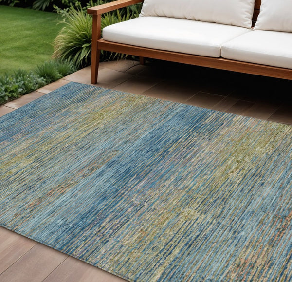 HomeRoots 5' Durable Denim Blue Striped Area Rug - Washable, Stain-Resistant for Indoor and Outdoor Living Spaces 10' X 14' 608472