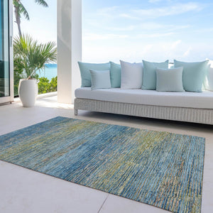 HomeRoots 5' Durable Denim Blue Striped Area Rug - Washable, Stain-Resistant for Indoor and Outdoor Living Spaces 10' X 14' 608472