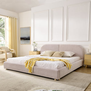 English Elm King Platform Bed Fully Upholstered in Plush Chenille with Low Profile Modern Frame Pink W487S00476