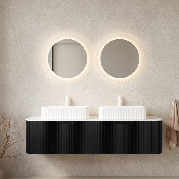 English Elm Dina 60 Inch Floating Bathroom Vanity Sintered Stone Top Dual Glass Basins Wood Grain Black,White W2615S00172