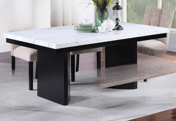 English Elm Classic 6-Piece Dining Set With White Faux Marble Table, Upholstered Chairs & Stylish Bench For Elegance B011S01882