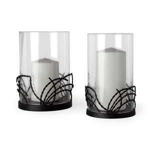 HomeRoots Set of Two Black Botanical Leaf Hurricane Candle Holders - Elegant Glass & Metal Home Décor Accent 608520