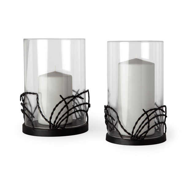 HomeRoots Set of Two Black Botanical Leaf Hurricane Candle Holders - Elegant Glass & Metal Home Décor Accent 608520