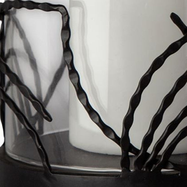 HomeRoots Set of Two Black Botanical Leaf Hurricane Candle Holders - Elegant Glass & Metal Home Décor Accent 608520