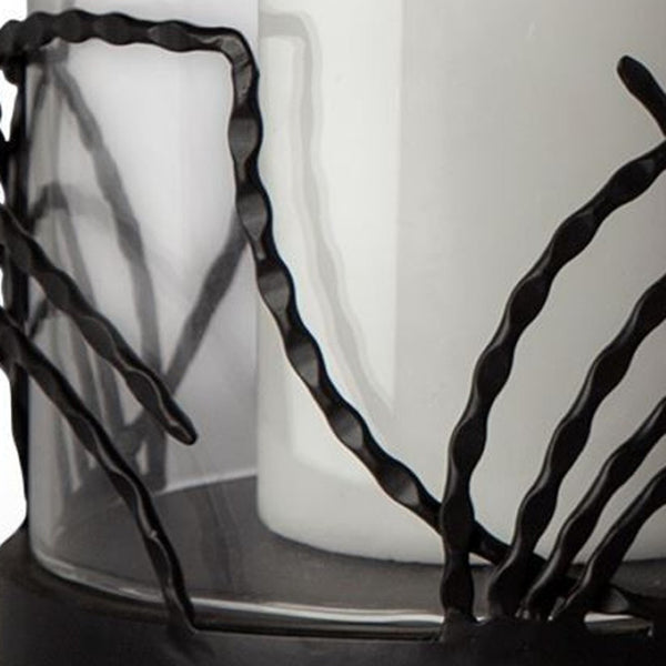 HomeRoots Set of Two Black Botanical Leaf Hurricane Candle Holders - Elegant Glass & Metal Home Décor Accent 608520