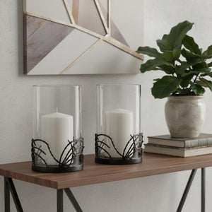 HomeRoots Set of Two Black Botanical Leaf Hurricane Candle Holders - Elegant Glass & Metal Home Décor Accent 608520