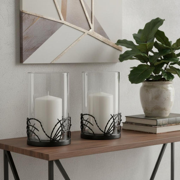 HomeRoots Set of Two Black Botanical Leaf Hurricane Candle Holders - Elegant Glass & Metal Home Décor Accent 608520