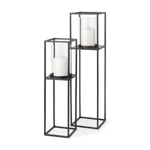 HomeRoots Set of Two Black Geometric Metal and Glass Candle Holders – Elegant Home Décor for Any Occasion 608528