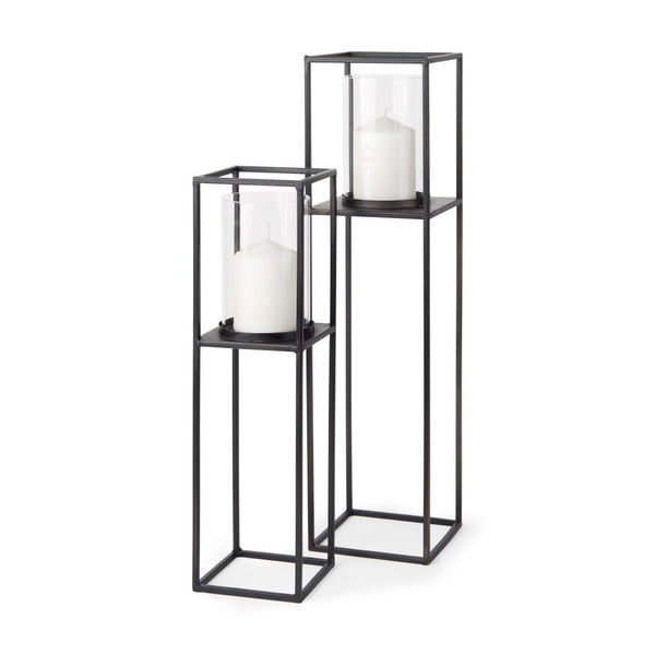 HomeRoots Set of Two Black Geometric Metal and Glass Candle Holders – Elegant Home Décor for Any Occasion 608528