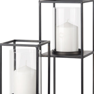 HomeRoots Set of Two Black Geometric Metal and Glass Candle Holders – Elegant Home Décor for Any Occasion 608528