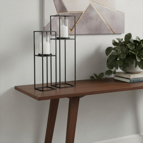HomeRoots Set of Two Black Geometric Metal and Glass Candle Holders – Elegant Home Décor for Any Occasion 608528