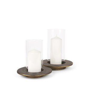 HomeRoots Set of Two Distressed Gold Geometric Metal Hurricane Candle Holders for Elegant Decor Accents 608530
