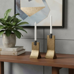 HomeRoots Set of Two Distressed Gold & Black Hammered Metal Taper Candle Holders for Elegant Decor Accents 608535