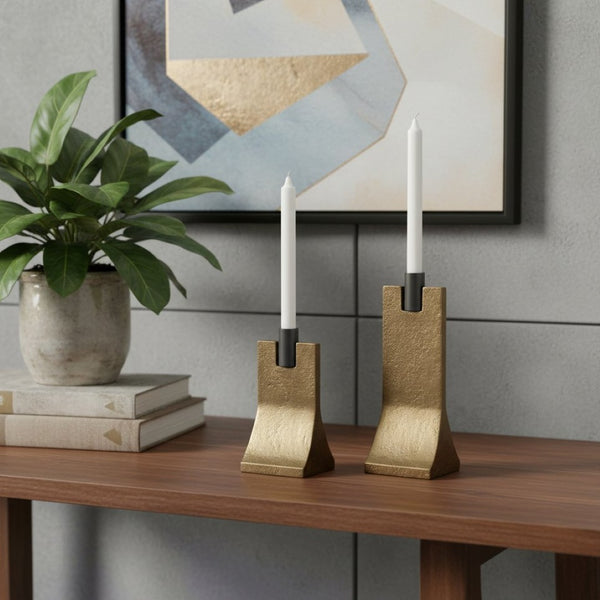 HomeRoots Set of Two Distressed Gold & Black Hammered Metal Taper Candle Holders for Elegant Decor Accents 608535
