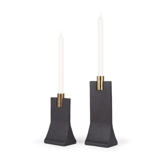 HomeRoots Set of Two Distressed Black and Gold Hammered Metal Taper Candle Holders for Vintage Elegance 608537