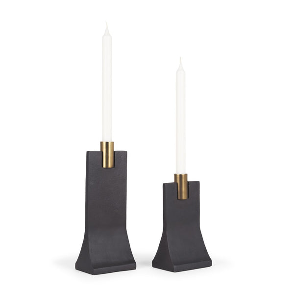 HomeRoots Set of Two Distressed Black and Gold Hammered Metal Taper Candle Holders for Vintage Elegance 608537