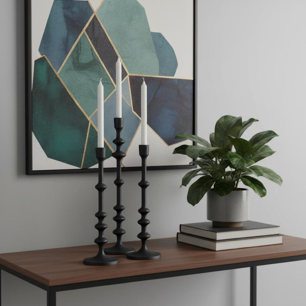HomeRoots Set of Three Black Geometric Metal Taper Candlesticks - Modern Handmade Decor for Elegant Ambiance 608538