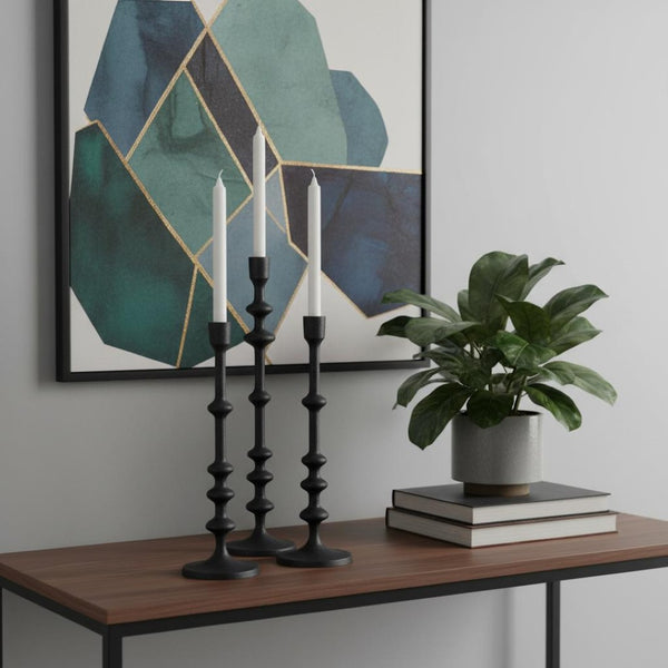 HomeRoots Set of Three Black Geometric Metal Taper Candlesticks - Modern Handmade Decor for Elegant Ambiance 608538