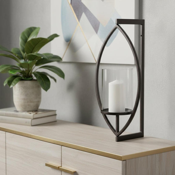 HomeRoots 22" Modern Black Geometric Lantern Candle Holder - Handmade Metal & Glass Decor for Any Space 608543