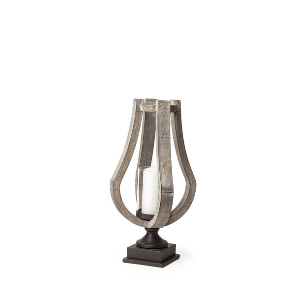 HomeRoots 17" Brown Distressed Geometric Candle Holder - Handcrafted Wood & Metal for Modern Rustic Decor 608556