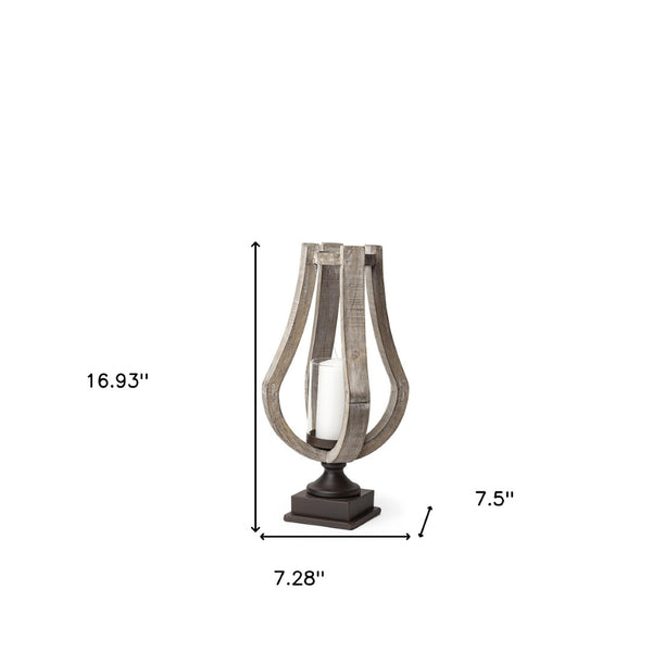 HomeRoots 17" Brown Distressed Geometric Candle Holder - Handcrafted Wood & Metal for Modern Rustic Decor 608556