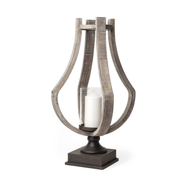 HomeRoots 25" Brown Distressed Hurricane Candle Holder - Handmade Wood & Metal Décor for Home & Gifting 608557