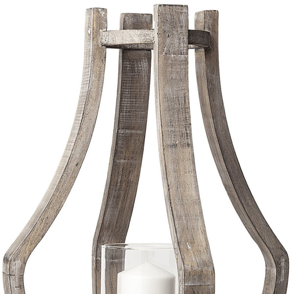 HomeRoots 25" Brown Distressed Hurricane Candle Holder - Handmade Wood & Metal Décor for Home & Gifting 608557