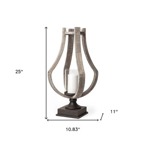HomeRoots 25" Brown Distressed Hurricane Candle Holder - Handmade Wood & Metal Décor for Home & Gifting 608557