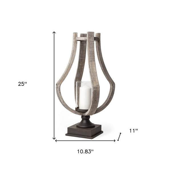 HomeRoots 25" Brown Distressed Hurricane Candle Holder - Handmade Wood & Metal Décor for Home & Gifting 608557