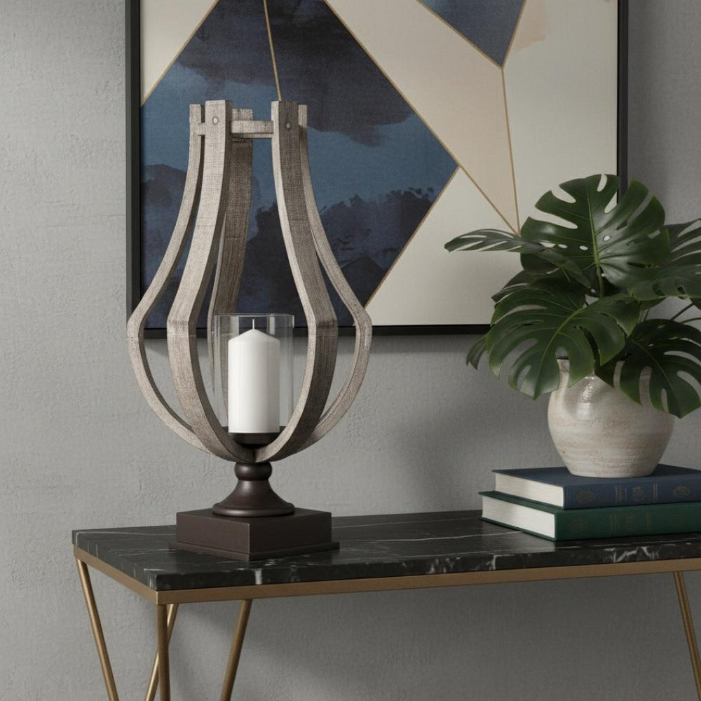 HomeRoots 25" Brown Distressed Hurricane Candle Holder - Handmade Wood & Metal Décor for Home & Gifting 608557