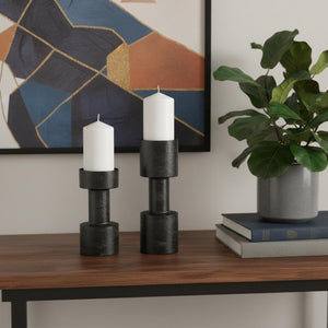HomeRoots Set of Two Black Distressed Metal Candle Holders - Rustic Elegant Decor for Home Ambiance & Style 608562