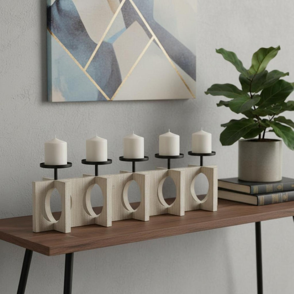 HomeRoots 9" Black Distressed Geometric Candle Holder - Handcrafted Wood & Metal Centerpiece for Modern Decor 608566