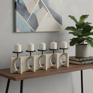 HomeRoots 9" Black Distressed Geometric Candle Holder - Handcrafted Wood & Metal Centerpiece for Modern Decor 608566